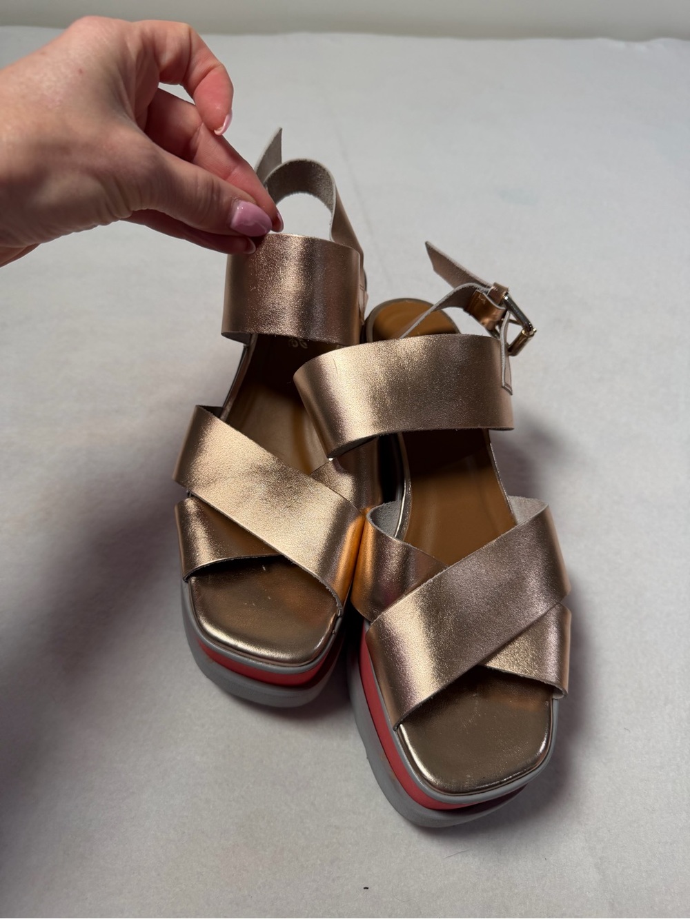 Free People Metallic Rose Gold Platform Sandals with Ankle Strap